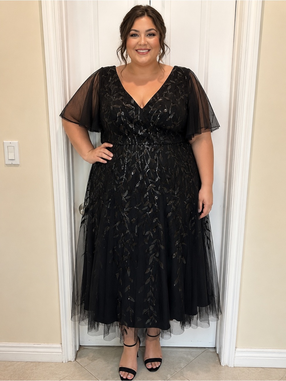 New Black Sequin Leaf Embroidered Tulle Midi Dress Plus Size Formal Evening Gown